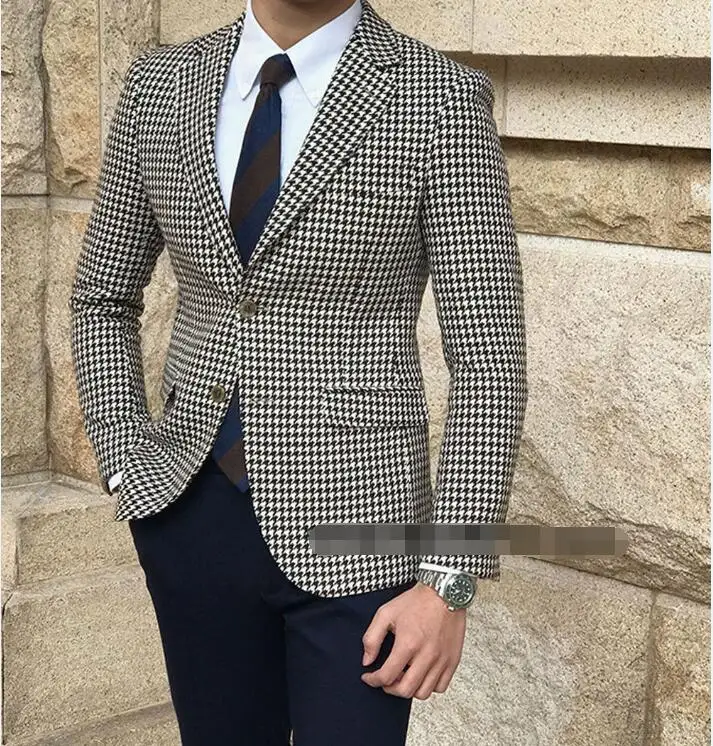 2019 Houndstooth Pattern Jacket Casual Men Suit Slim Fit Groom Tuxedo 2