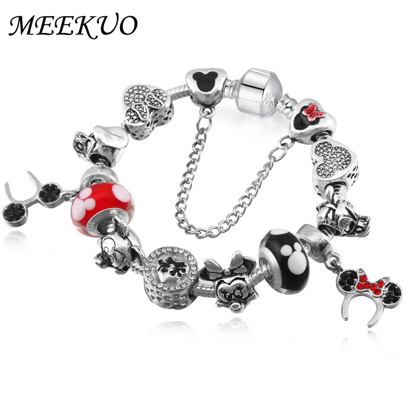 

European Mickey Charm Fit pan Bracelet for Women Luxury Brand Crystal Beads Snake Chain Bracelets Silver Color Jewelry