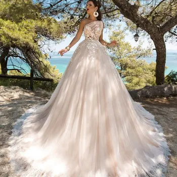 

Custom Made One Shoulder Backless Wedding Dress Luxury Lace Appliques Tulle Sleeveless Bridal Ball Gown