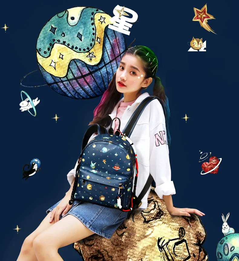 Girls Star Sky Space Planet Printing PU Backpack Women Big Shoulder BackPacks Dark Blue Faux Leather School bag for Teenagers (1)