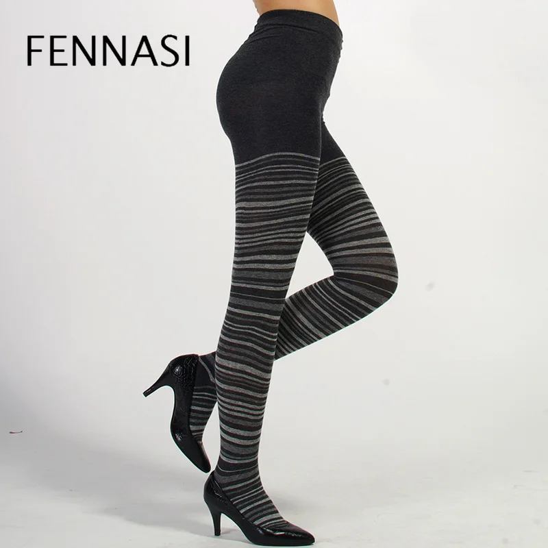 Женские колготки в полоску FENNASI плотные теплые хлопковые с высокой талией зимние