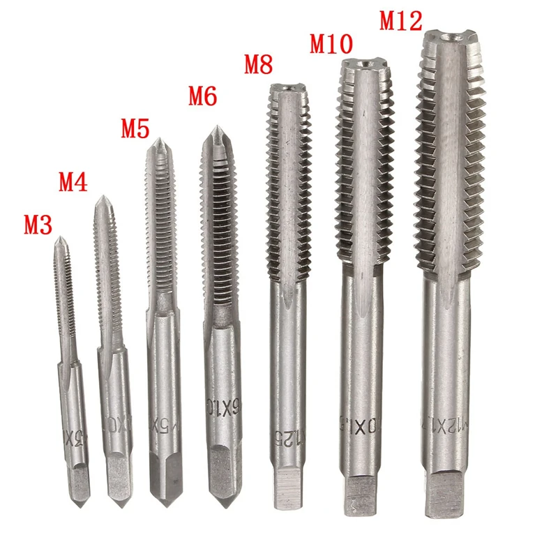 7Pcs M3-M12 HSS Metric Right Hand Machine Straight Fluted Screw Thread Tap Set Metric Plug Tap Drill Bits Set Hand Tools