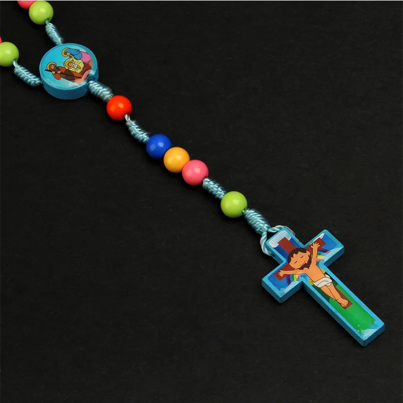 Collana Rosario Per Bambini In Legno Con Crocifisso Di Gesù - Cartoon, Fatto A Mano, Perline 8mm, Prima Comunione