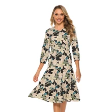 Summer print A-line dress women floral seven points sleeve chiffon beach dress v-neck elastic waist vintage dress elegant party Summer print A-line dress women floral seven points sleeve chiffon beach dress v-neck elastic waist vintage dress elegant party