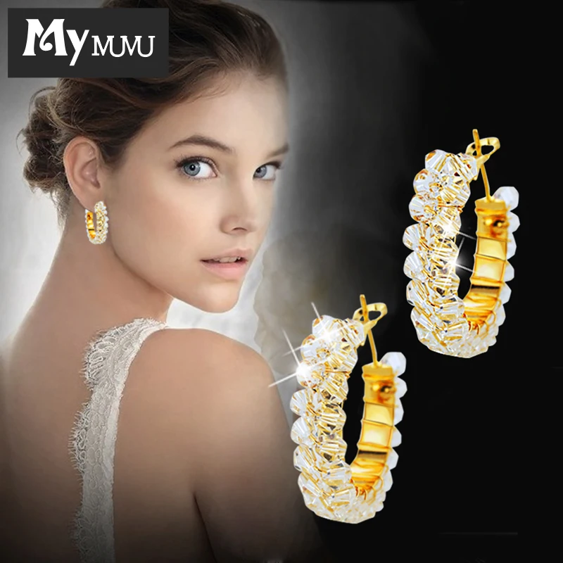 Mymumu Fashion Jewelry Hoop Earrings Crystal Rhinestone Paved Round