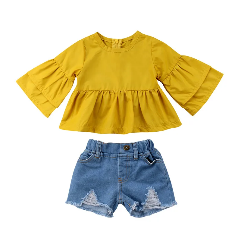 

Kids Summer Clothes Baby Girl Ruffles Flare Sleeve Yellow Blouse Tops+Denim Shorts Hole Pant 2Pcs Outfits Children Clothing Set