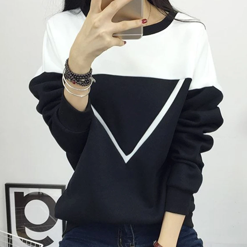 2016 Winter New Fashion Black and White Spell Color Patchwork Hoodies Women V Pattern Pullover Sweatshirt Female Tracksuit M-XXL