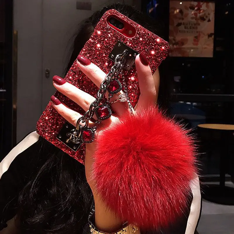 

Luxury Bling Glitter Case For iPhone XS Max XR 7 8 Plus 6S 6 Plus Diamond Gem Bracelet Chain Tassel Fox Fur Ball Back Cover