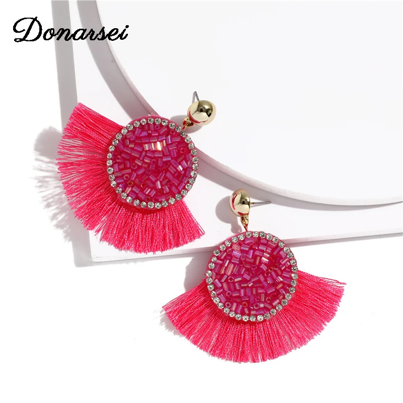 

Donarsei Bohemia Handmade Beads Sector Tassel Earrings For Women Ethnic Rope Fringe Drop Dangling Earrings Jewelry Gift