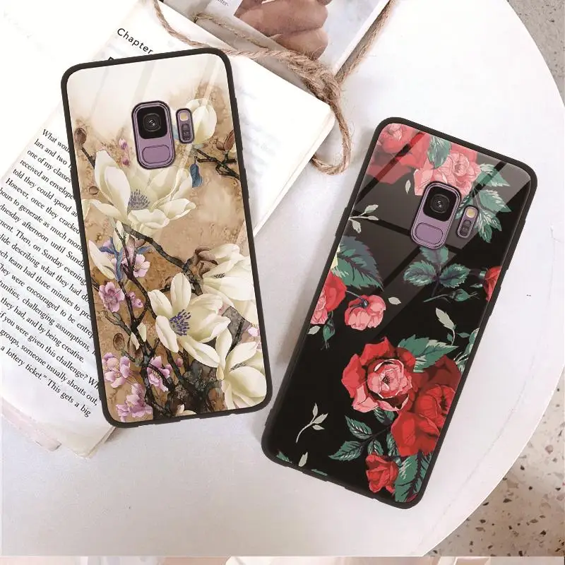 

Coque Case FOR Samsung Galaxy S10 S9 S8 S10e A50 A7 A8 A6 J4 Plus 2018 M10 M20 Note 8 9 J5 J7 Prime Tempered Glass Flower Case
