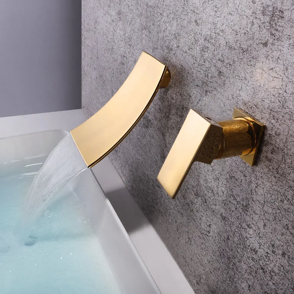 

Free ship One handle Gold color Wall Mounted Waterfall Basin Sink Faucet Mixer Concealed Tap