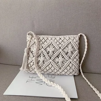 

New casual handmade straw woven bag retro cotton tassel pattern decoration literary fan beach holiday bag shoulder messenger bag
