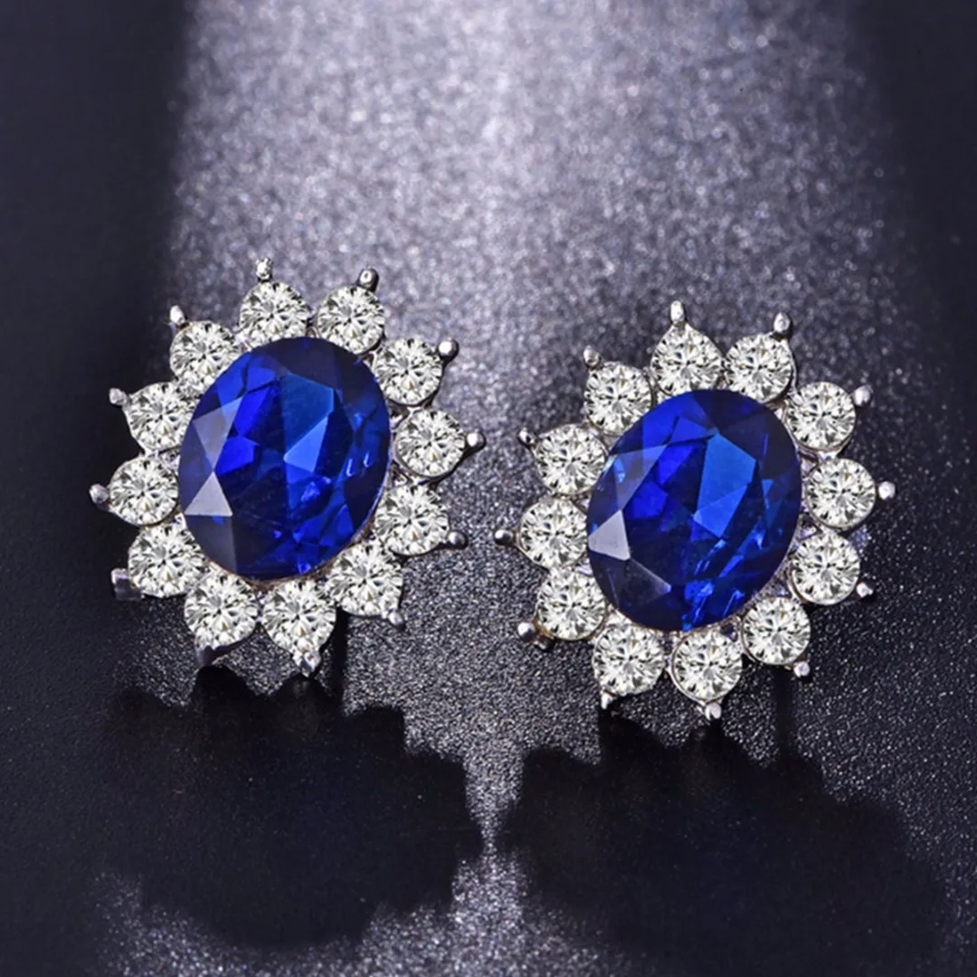 Women's Gorgeous Sapphire Flower Crystal Necklace Stud Earrings Jewelry Set