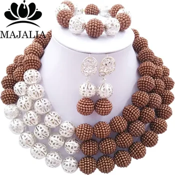 

Majalia Fashion Nigerian Wedding African Jewelery Set Brown Crystal Plastic Pearl Necklace Bride Jewelry Sets 3SQ003