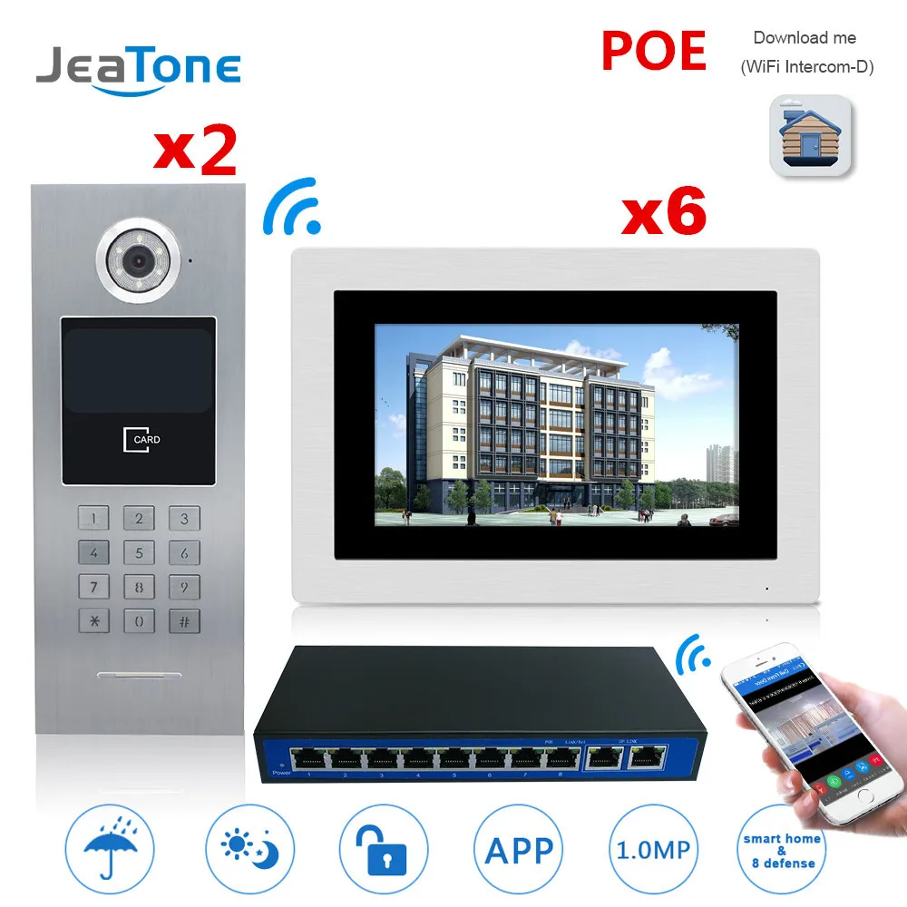 7'' Touch Screen WIFI IP Video Door Phone Intercom +POE Switch 2 to 6 Building Access Control System Support Password/IC Card