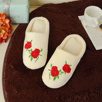 

Embroidery Rose Flower Soft Bottom Women Slippers Indoor Wood Floor Shoes Half Pack Cozy Soft Stuffed Home Shoes Cotton Pantufa
