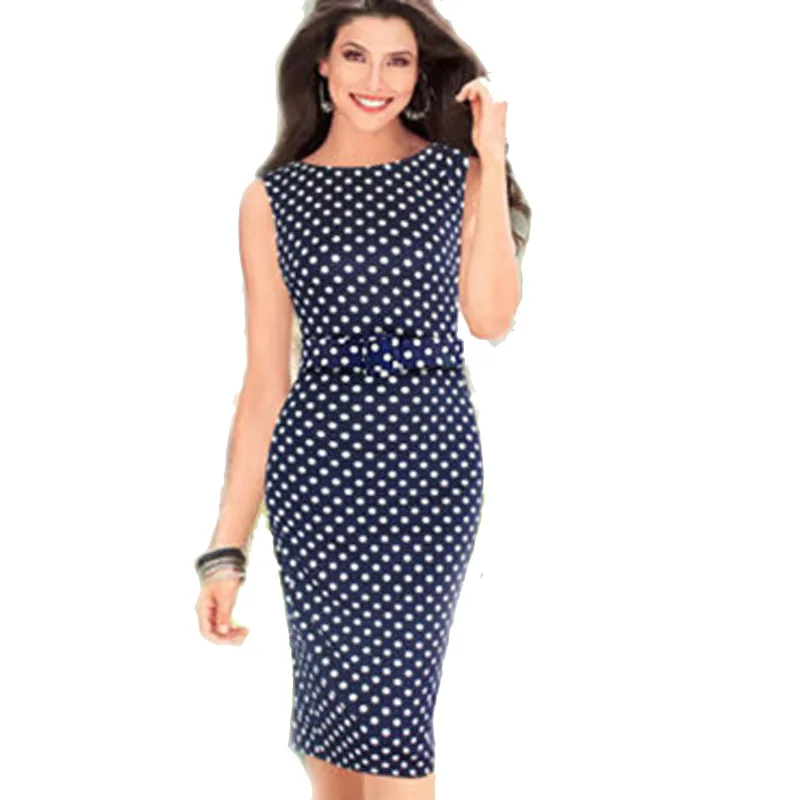 

Aamikast Dark Blue Garment Spring New Women Casual Dresses Sleeveless Elegant Party Evening Polka Dot Size S M L XL