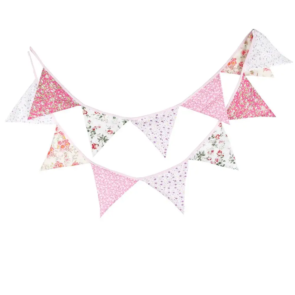 

12 Flags 3.2m Pink Flowers Birthday Cotton Cloth Bunting Banners Pennant Baby Shower Wedding Garland Flags for Party Decoration