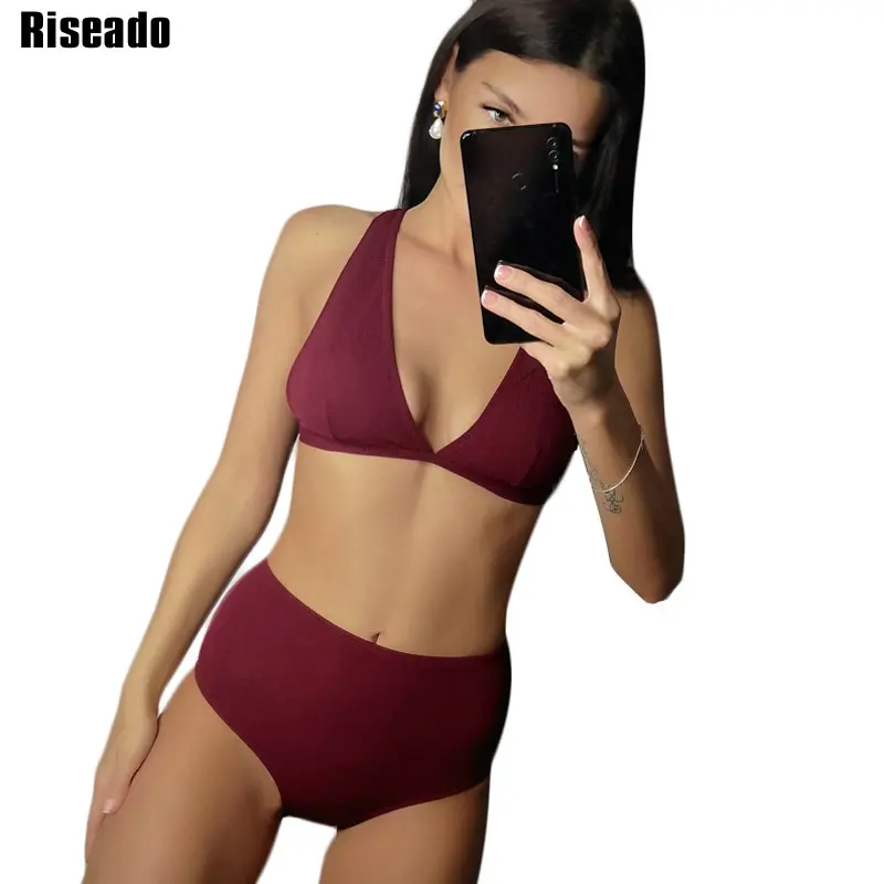 

Riseado Sexy Plunging Bikinis 2019 High Waist Swimwear Women Swimsuit Solid Deep V Bathing Suits biquini Summer Beachwear