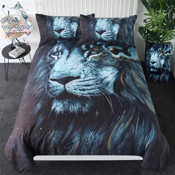 

In The Darkness Lion by Scandy Girl Bedding Set Blue Golden Animal Duvet Cover Galaxy Stars Bed Set Luxury Bedclothes for Adult