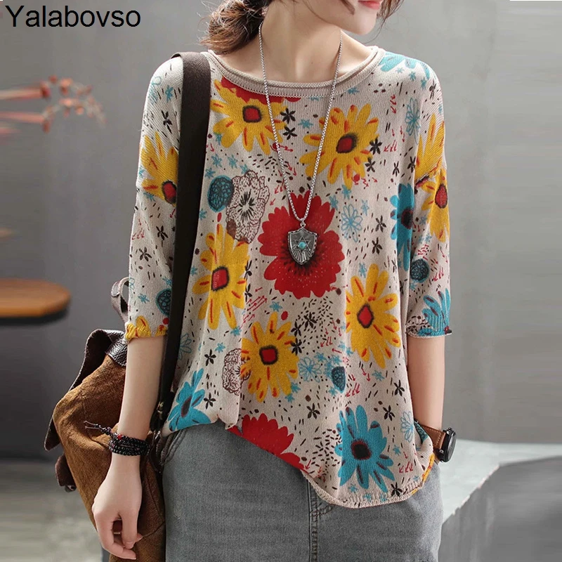 

2019 spring Retro Flower Printing Thin Bottoming Shirts Elastic Knitting Patchwork Loose Plus size sweaters for woman A0B30