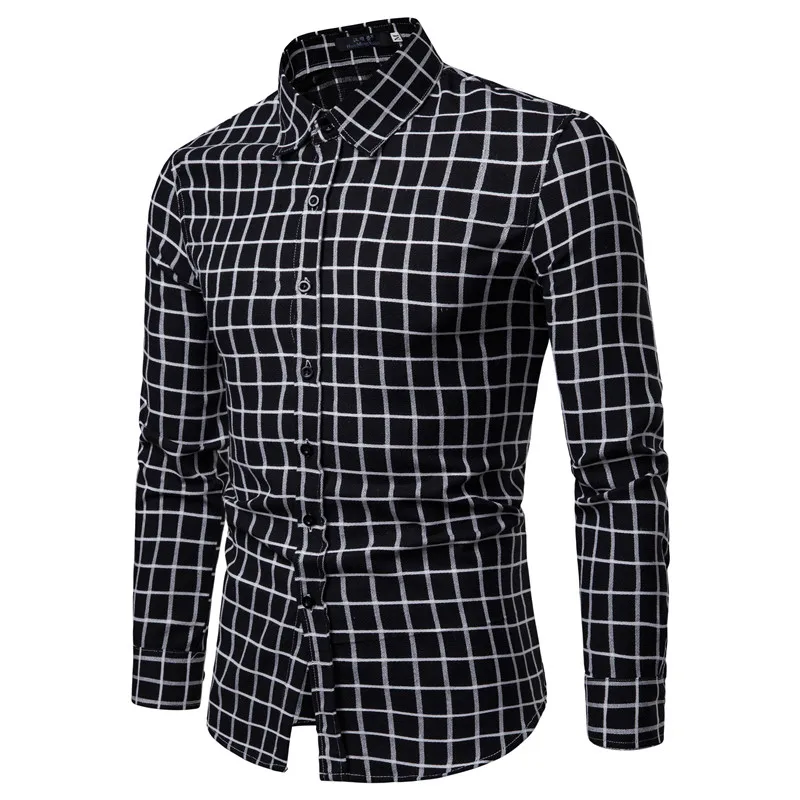Drop Shipping Men Plaid Shirt Long Sleeve Shirts 2019 Fashion Casual White Checkered Cotton Chemise Homme Man Clothes