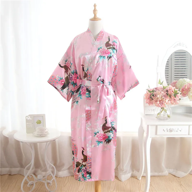 Большие размеры для свадьбы, невесты, подружки невесты ночной халат Женское Кимоно длинное банное платье Ночная рубашка темно-синие искусственные шелковые ночные рубашки пижамы - Цвет: 1-Pink