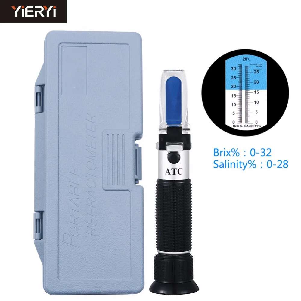 

yieryi Handheld Portable 2 in 1 Brix & salinity refractometer 0-32% brix/0-28% salinity with ATC Salinity Meter Incl retail