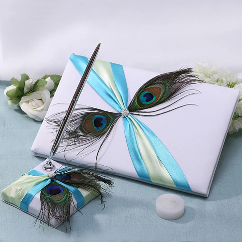 

3pcs/set wedding guest book + wedding signature pen + pen holder suit blue + white color peacock feather wedding accessories