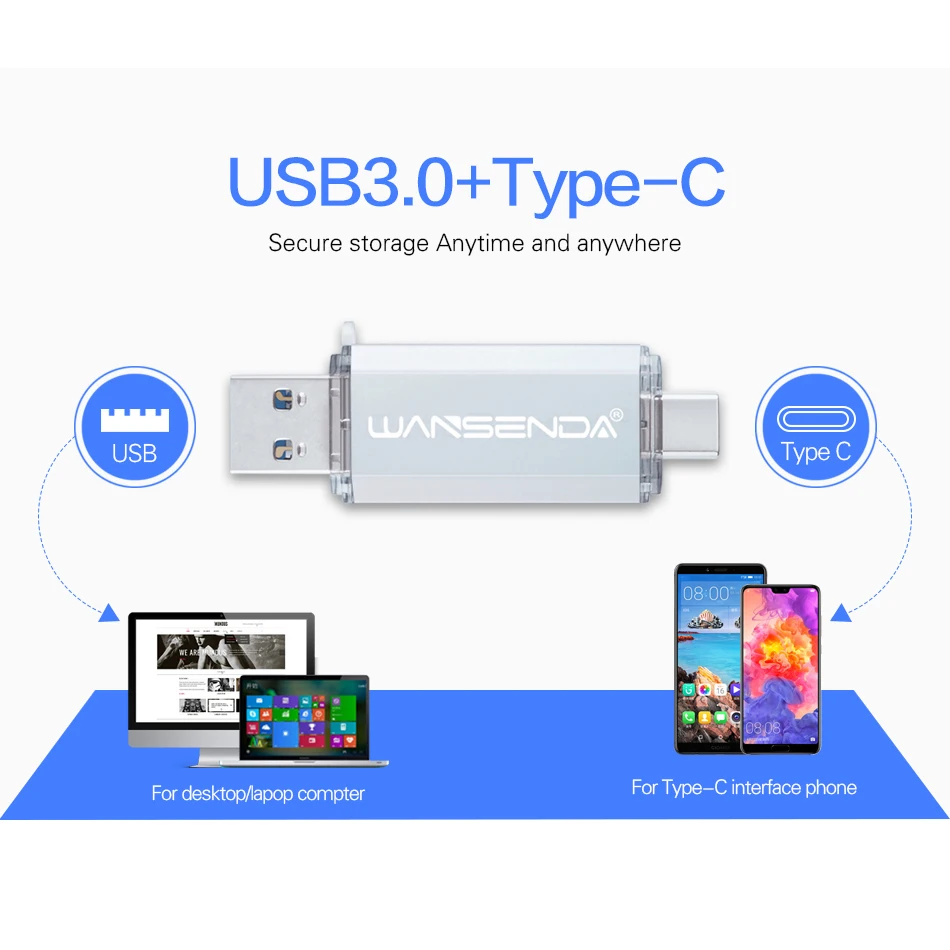 WANSENDA USB флеш-накопитель type-C USB3.0 для type-c/PC 512GB 256GB 128GB 64GB 32GB 16GB внешний накопитель 2 в 1 Pendrive