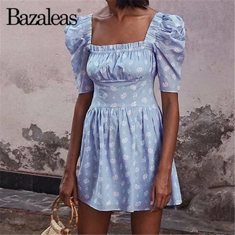 

Bazaleas Retro Blue Floral Print Summer Dress Holiday Puff Sleeve Vestidos 2019 Slim women Pleated mini Dress drop shipping