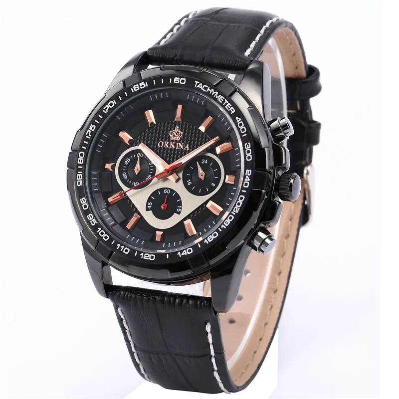 

MG. ORKINA Japan JS20 Movement Inside Black Dial Leather Strap reloj deportivo hombre Crystal Quartz Watch reloj pulsera