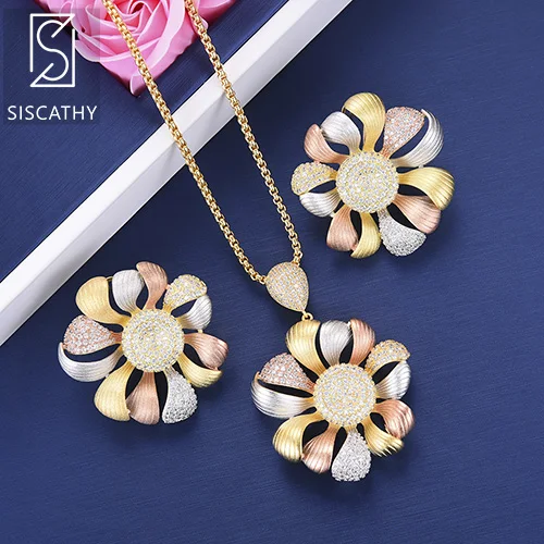 2 pcs Set SISCATHY модные цветочные формы кубический цирконий для невесты свадебное ожерелье, серьги-пуссеты комплект ювелирных изделий inoxidable joyeria Mujer - Окраска металла: 2 pcs Set