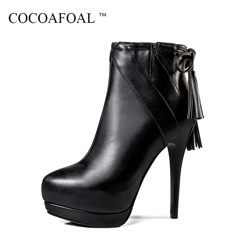 

COCOAFOAL Women's Genuine Leather Chelsea Ankle Boots Plus Size 33 40 13 CM High Heeled Shoes Autumn Winter Fringe Martin Boots