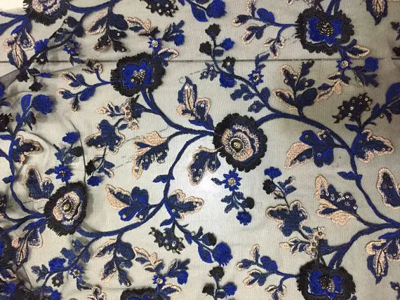 

embroidered tulle lace fabric, multi-color lace fabric with embroidered florals, heavy embroidered lace, sequin embroidered lace