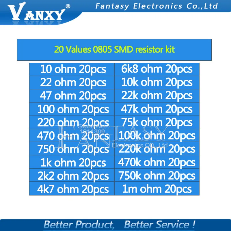 20 стоимость* 20 шт = 400 шт 0805 SMD Резистор Комплект 1% 1 Вт/8 Вт(10 Ом~ 1 м ом) компонент diy Образцы комплект и