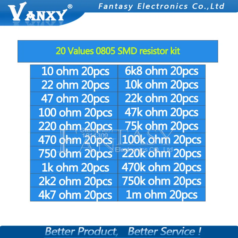20Value * 20PCS =400PCS 0805 SMD Resistor Kit 1% 1/8W (10 ohm~1M ohm) component diy samples kit new and original