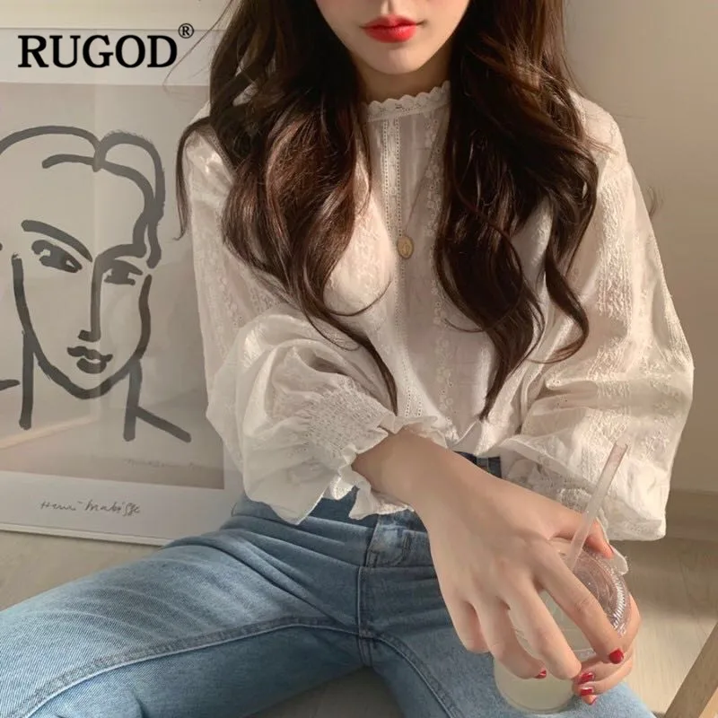 

RUGOD Elegant women blouses lantern sleeves o neck lace white floral print vintage casual sweet korean style femme tops modis