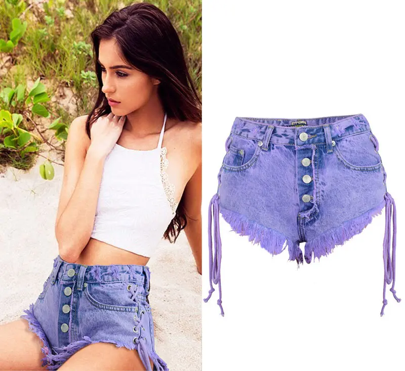 Летние фиолетовые женские джинсовые шорты с высокой талией, модные сексуальные джинсовые шорты с дырками