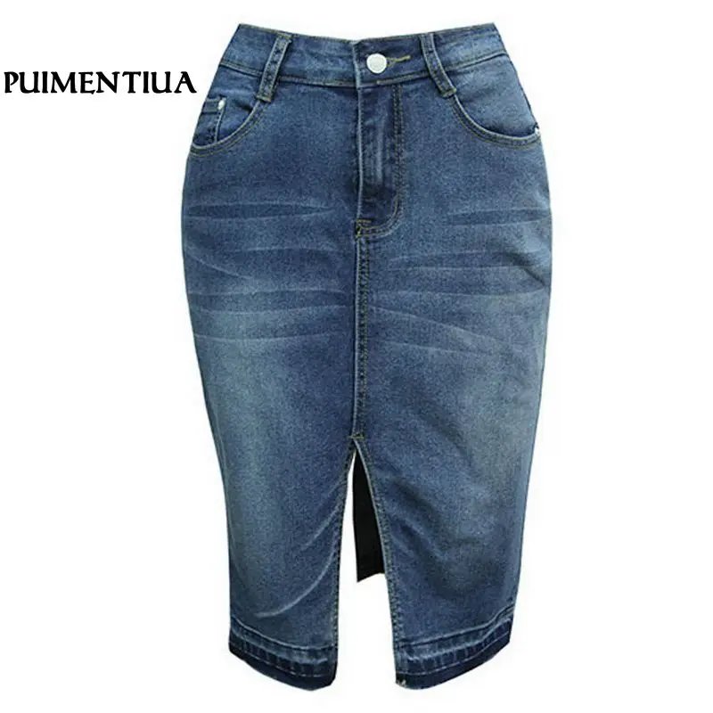 Puimentiua, Джинсовая юбка размера плюс,, элегантная, для женщин, тонкая, сексуальная, спереди, джинсовые юбки, для женщин, высокая талия, модные юбки-карандаш