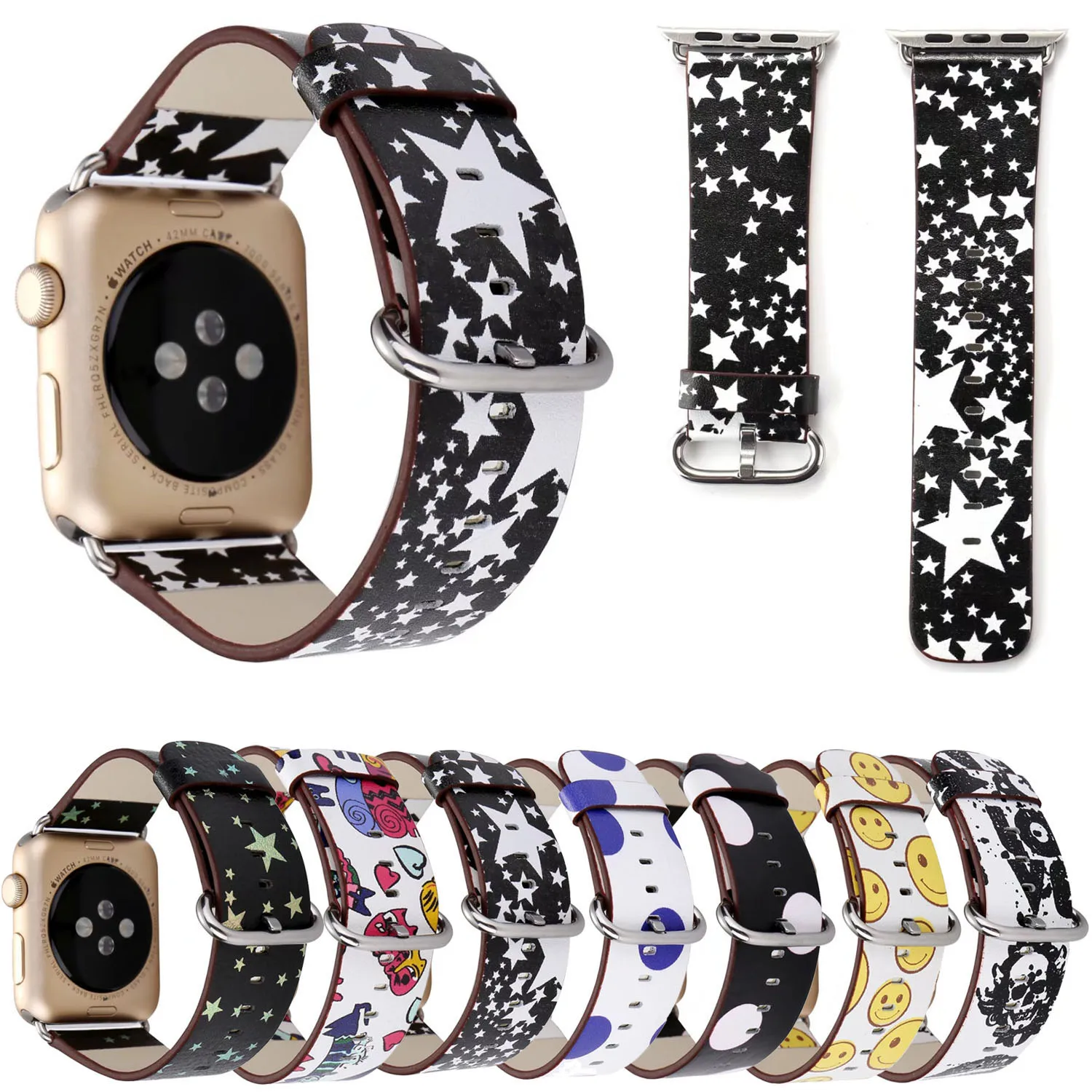 

Genuine Leather Band for Apple Watch Series 5 4 3 2 1 Strap Stars Smile Skull Dots Lips Bracelet for iWatch 44mm 42mm 40mm 38mm