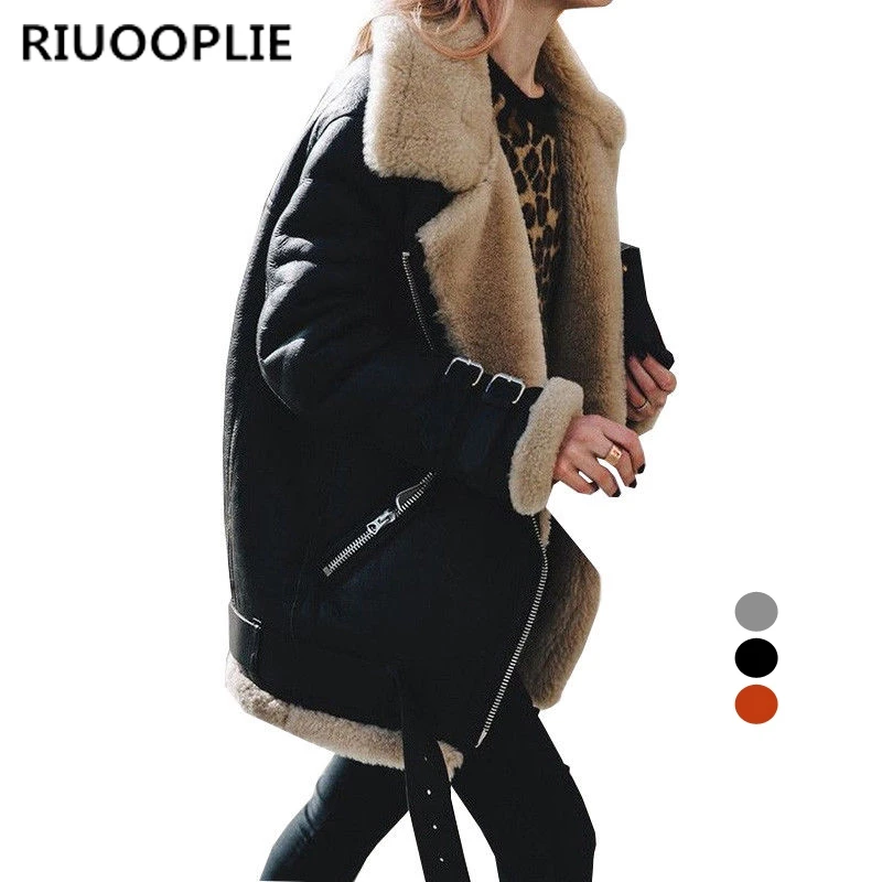 New  RIUOOPLIE Winter Womens Fleece Fur Biker Aviator Jacket Coat Zipper Warm Lapel Outwear