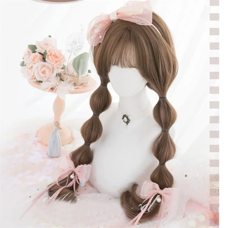 Косплей салон H762485 Лолита 64 см длинные волнистые коричневые с челкой для женщин девочек синтетические японские милые куклы термостойкие косплей парик+ шапка