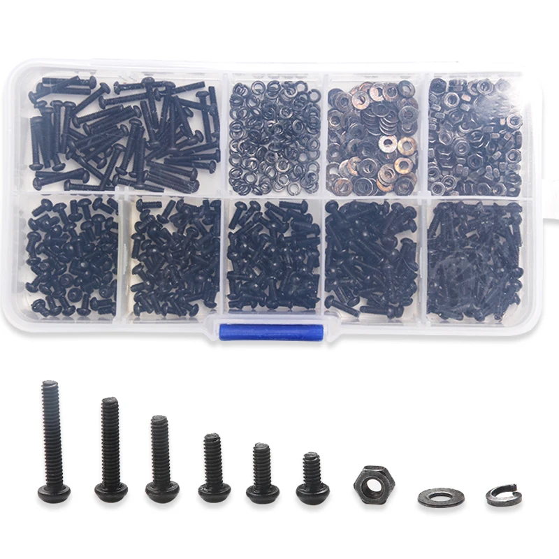 Black Stainless Steel Round Hexagon Screw Bolt Nut 600PCS/Set M2*4/5/6/8/10/12 Flat Pad Washers Spring Box Kit with Plastic Box Black Stainless Steel Round Hexagon Screw Bolt Nut 600PCS/Set M2*4/5/6/8/10/12 Flat Pad Washers Spring Box Kit with Plastic Box