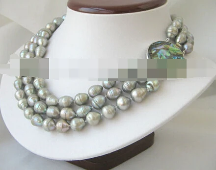 

0574 3row gray baroque freshwater pearl necklace-abalone shell clasp
