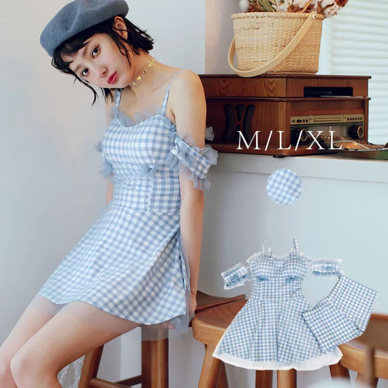 

Tankini Swimsuits For Women Summer Clothes Indoor Swimsuit Sports Trikinis New Sexy Skirt Three Piece 91041 Plaid Polyester