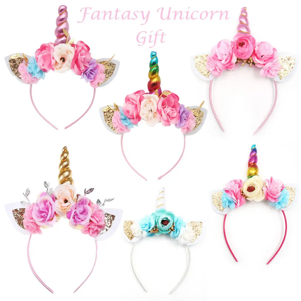 

Brand New 2019 Women Kids Party Fancy Dress Cosplay Unicorn Horn Headband Flower Horn Girls Headwear Birthday Hair Accessories