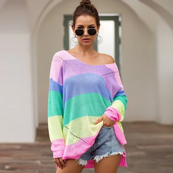 

Autumn Winter Sweater New Rainbow Color Matching Loose Long Sleeve Patchwork V Neck Sweater Women SJ3517Y