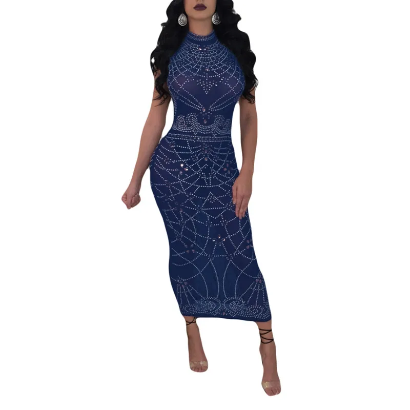 Летнее модное женское платье-карандаш с круглым вырезом, без рукавов, с перспективным принтом, с бриллиантами, приталенное, уличный стиль, 4 цвета - Цвет: blue