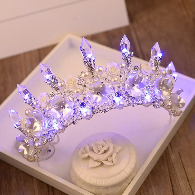 Свадебная тиара и корона, светодиодная корона принцессы, жемчужина; стразы; хрусталь, 18 день рождения, вечеринка, модное украшение для волос